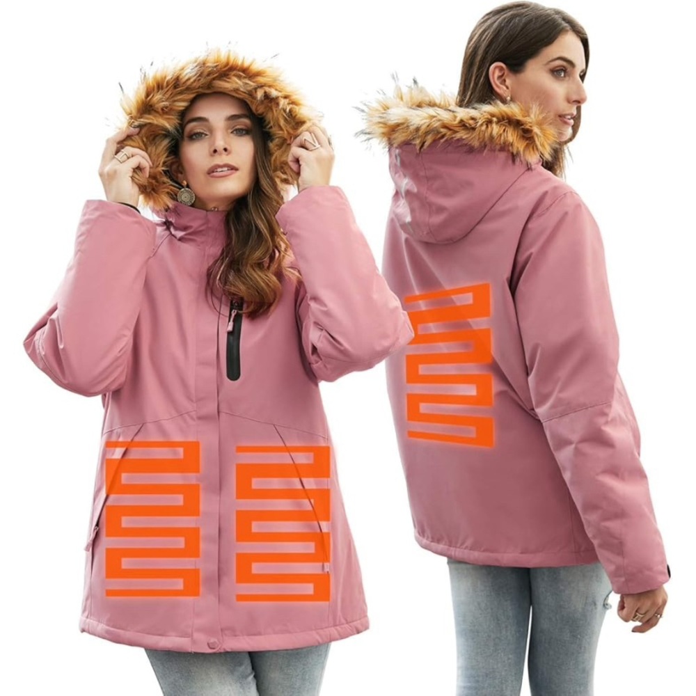 Pink Heated Jacket with Fur Hood - Picture 1 of 13